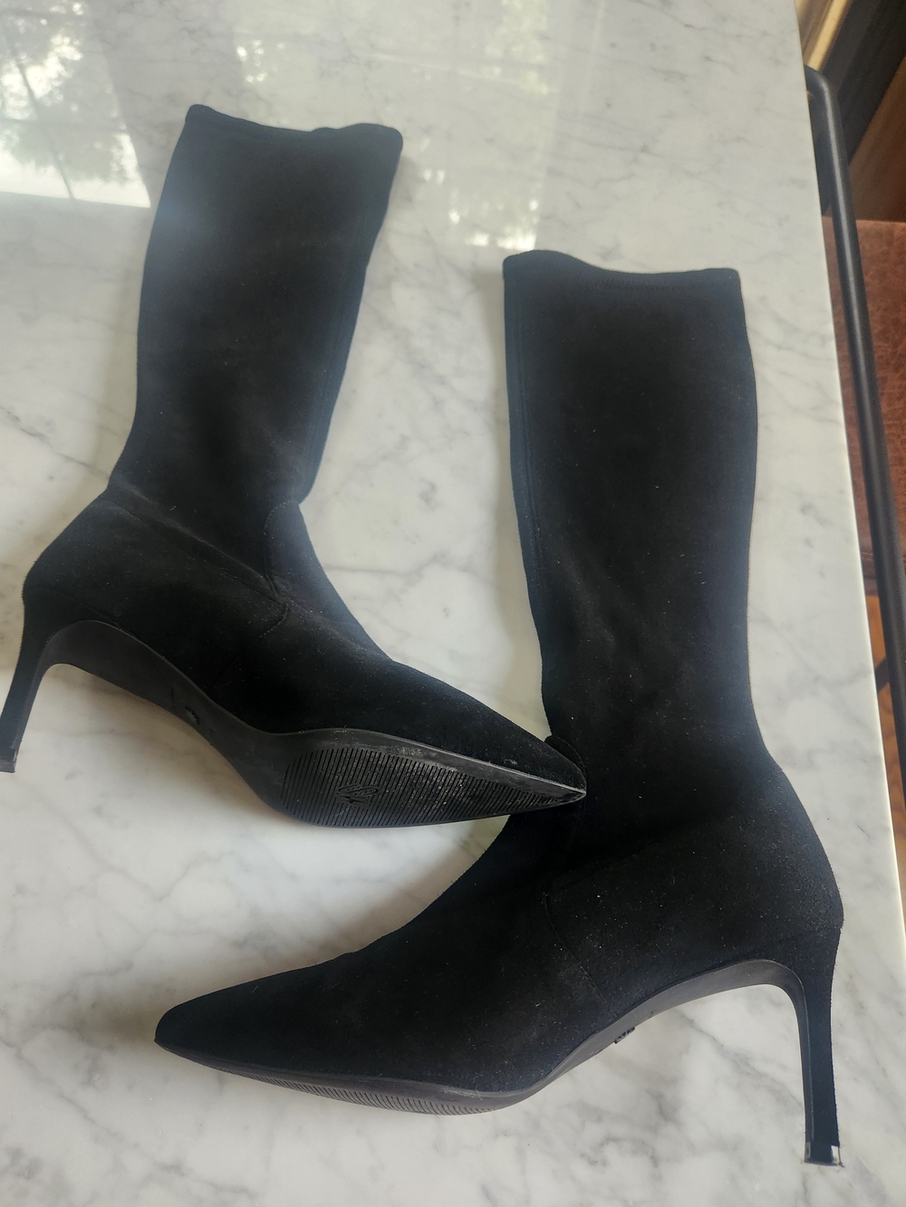 Stuart Weitzman Black Stretch Suede Pointed-Toe Mid-Calf Heeled Boots, BRAND NEW